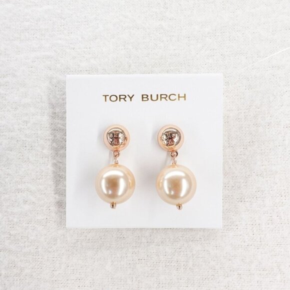 Tory Burch Crystal Pearl Drop Earrings Pink/Rose Gold OS - Picture 1 of 14